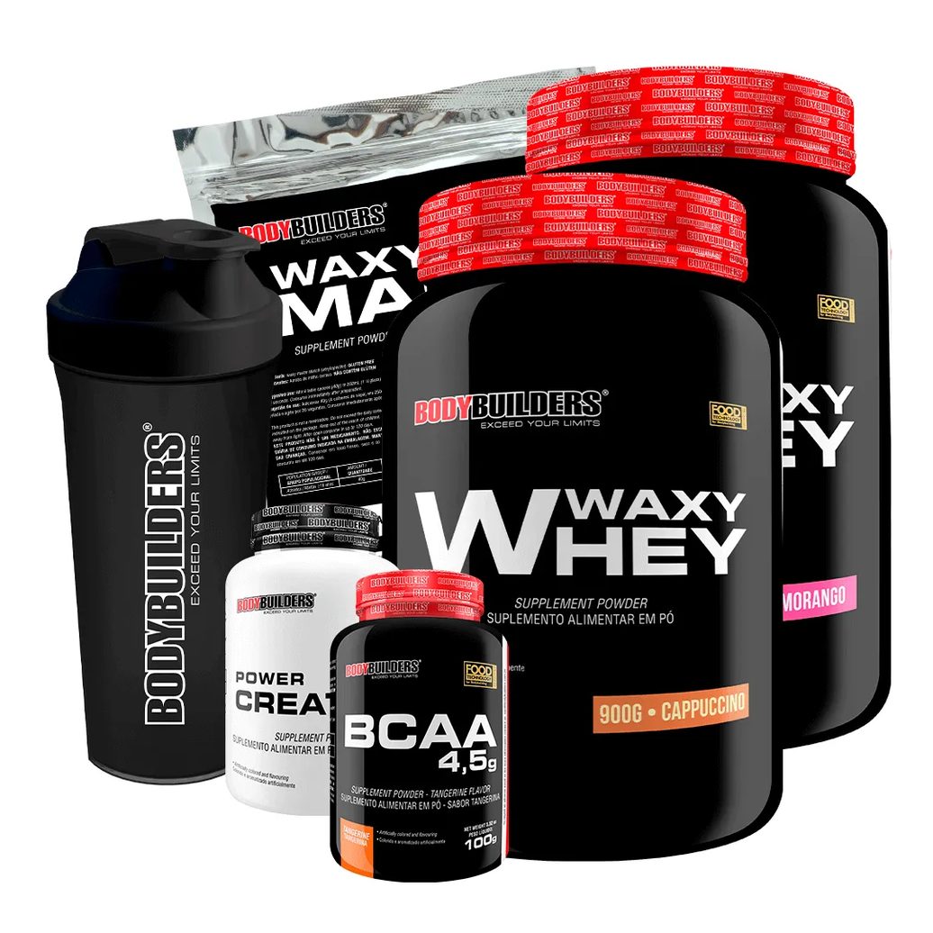 Kit 2x Waxy Whey 900g + Bcaa 100g + Power Creatine 100g + Waxy Maize 800g + Coq – Bodybuilders Morango e Cappuccino