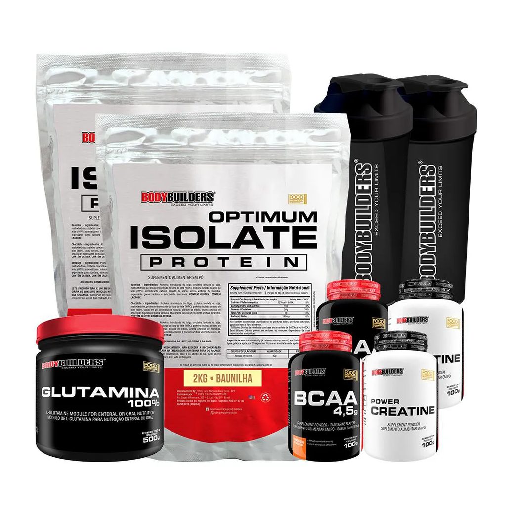 Kit 2x Optimum Isolate Protein 2kg + 2x Bcaa100g+ 2x Creatina100g + Glutamina 500g + 2x Coqueteleira Sabor Baunilha - Bodybuilders