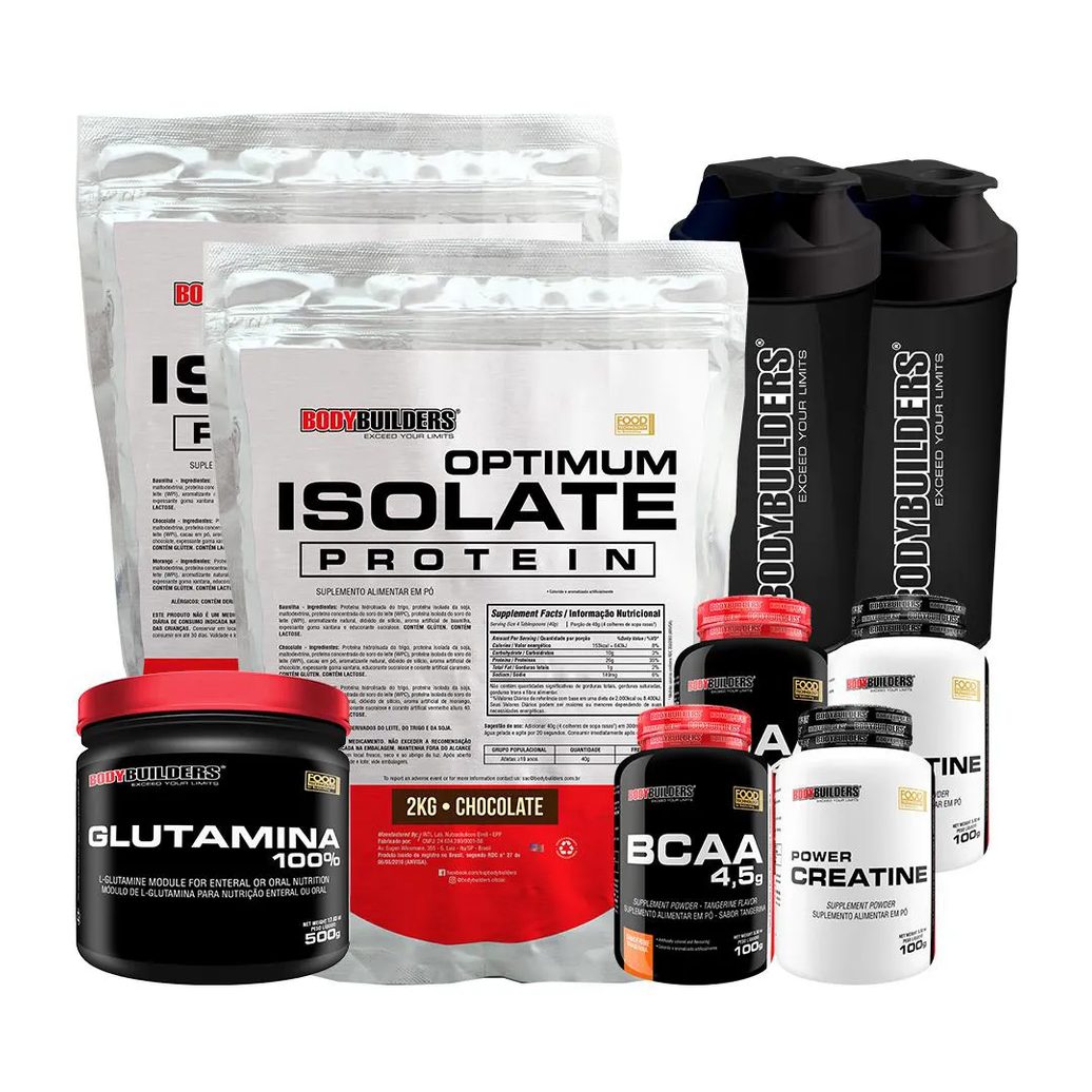 Kit 2x Optimum Isolate Protein 2kg + 2x Bcaa100g+ 2x Creatina100g + Glutamina 500g + 2x Coqueteleira Sabor Chocolate - Bodybuilders