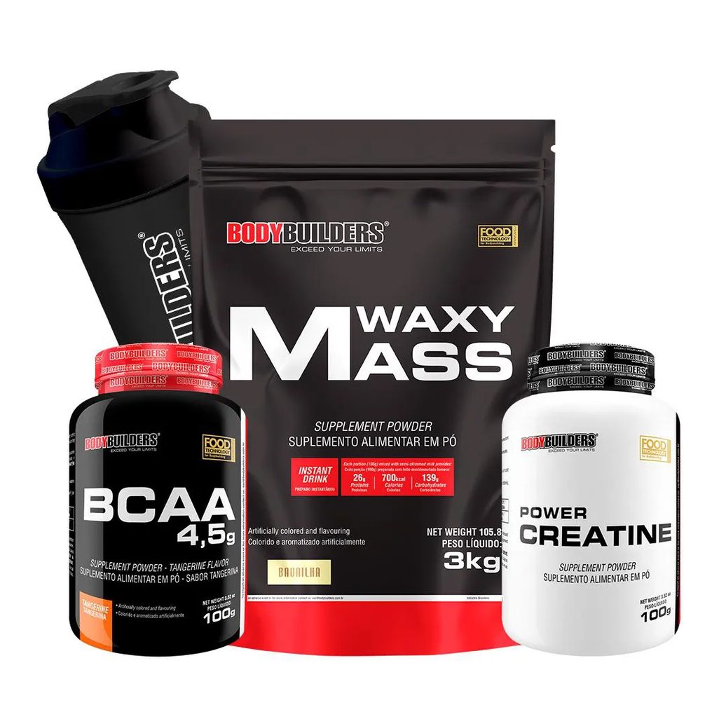Kit Hipercalórico Waxy Mass 3kg + Bcaa 4,5 100g + Power Creatina 100g + Coqueteleira Sabor Baunilha – Bodybuilders