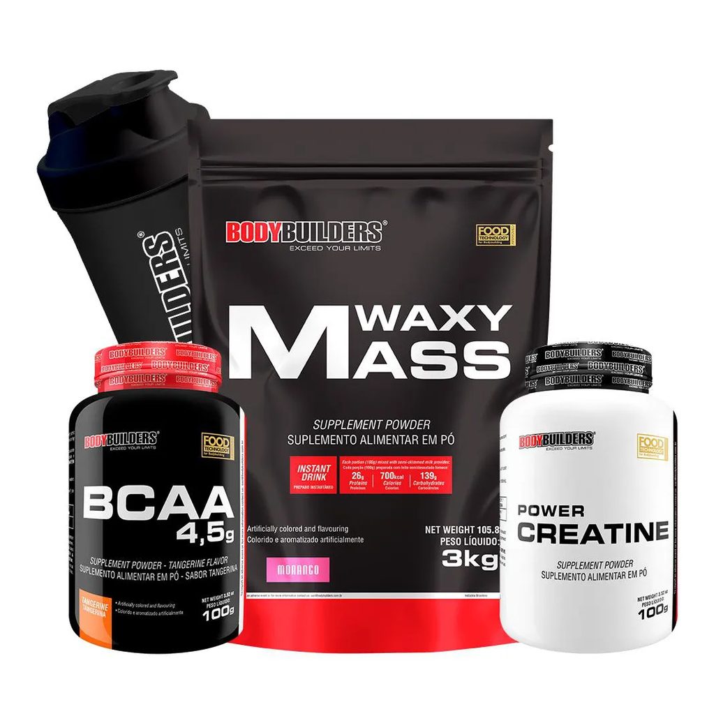 Kit Hipercalórico Waxy Mass 3kg + Bcaa 4,5 100g + Power Creatina 100g + Coqueteleira Sabor Morango – Bodybuilders