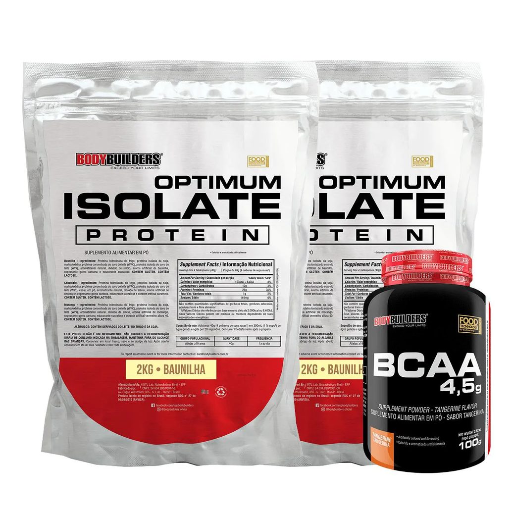 Kit 2x Optimum Isolate Whey Protein 2kg + Bcaa 100g Sabor Baunilha - Bodybuilders