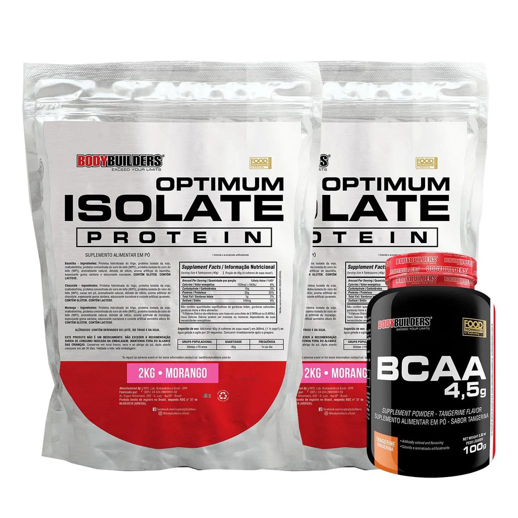 Kit 2x Optimum Isolate Whey Protein 2kg + Bcaa 100g Sabor Morango - Bodybuilders