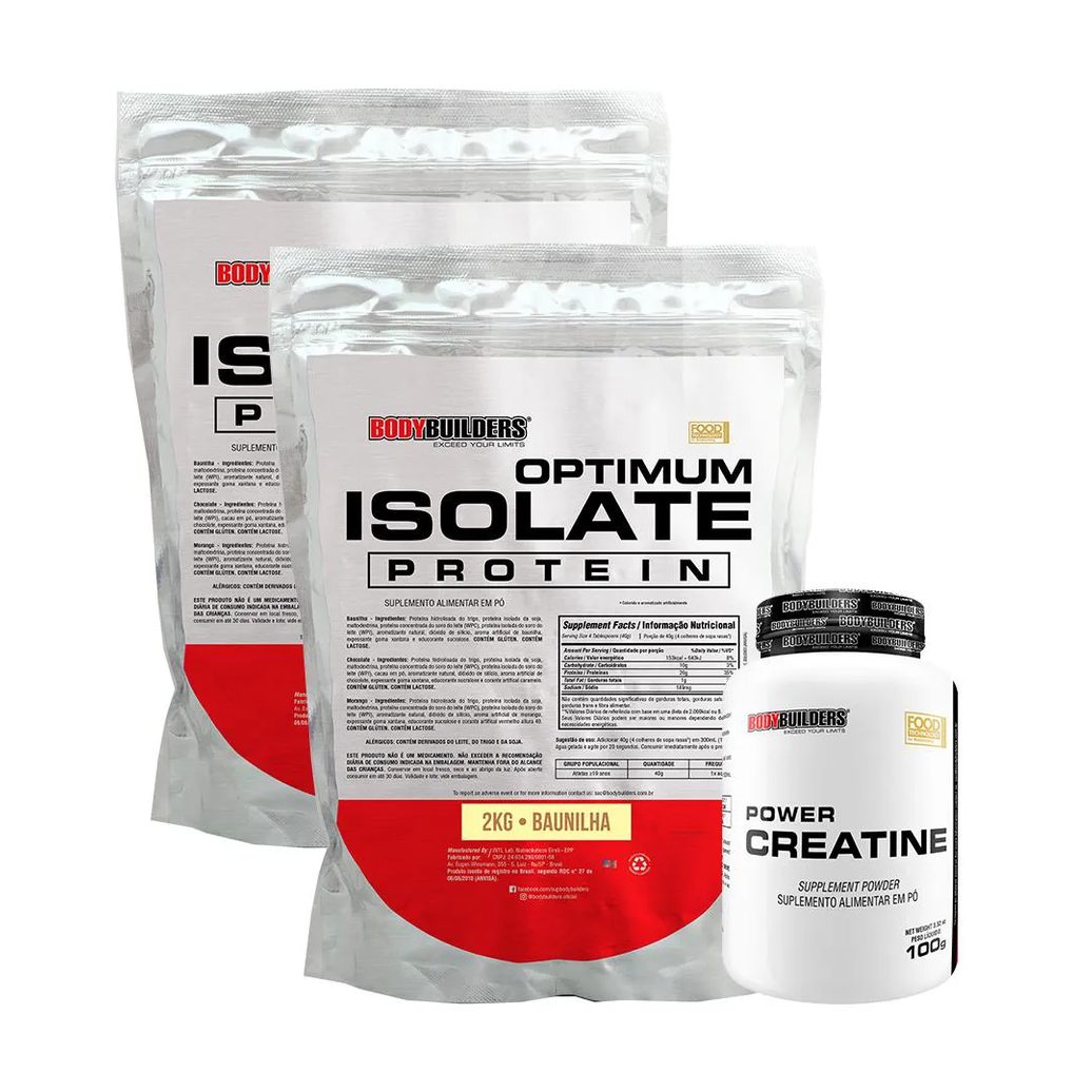 Kit 2x Optimum Isolate Whey Protein 2kg + Power Creatina 100g Sabor Baunilha - Bodybuilders