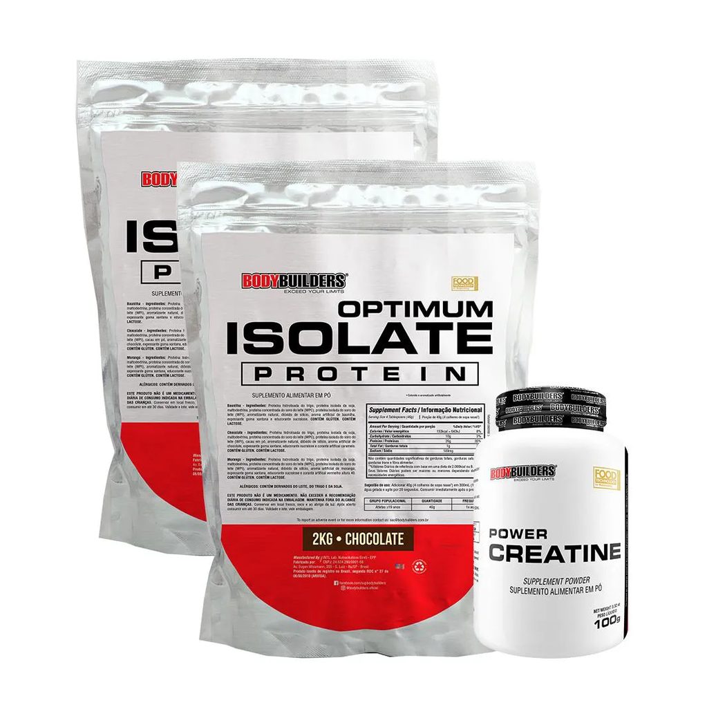 Kit 2x Optimum Isolate Whey Protein 2kg + Power Creatina 100g Sabor Chocolate - Bodybuilders