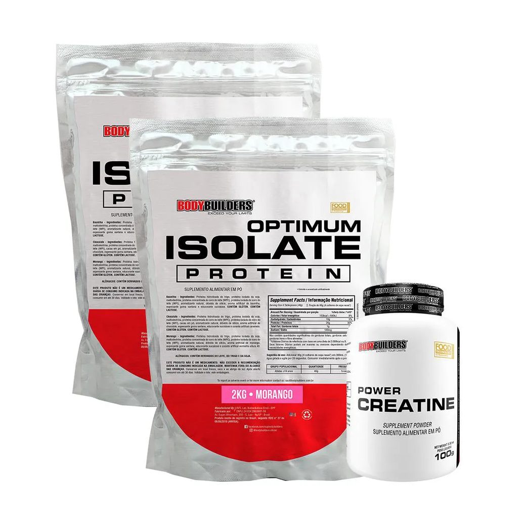 Kit 2x Optimum Isolate Whey Protein 2kg + Power Creatina 100g Sabor Morango - Bodybuilders