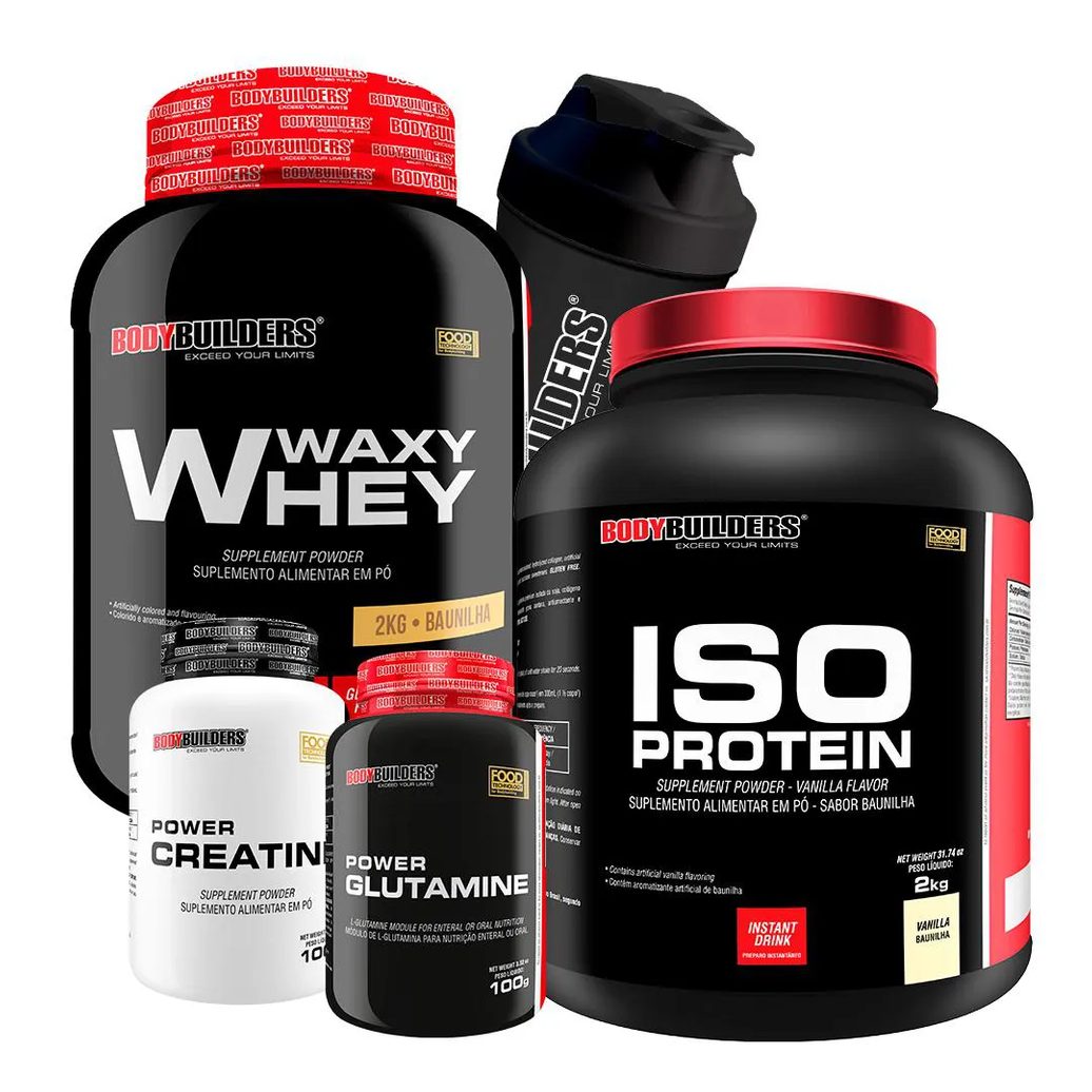 Kit Waxy Whey 2kg + Iso Protein 2kg+ Power Creatina 100g + Power Glutamina 100g + Coqueteleira Sabor: Baunilha - Bodybuilders