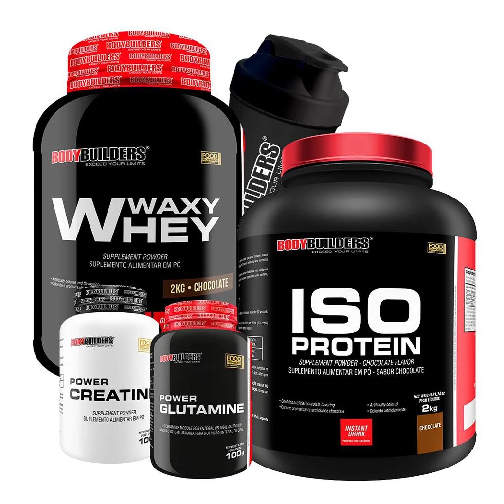 Kit Waxy Whey 2kg + Iso Protein 2kg+ Power Creatina 100g + Power Glutamina 100g + Coqueteleira Sabor: Chocolate - Bodybuilders