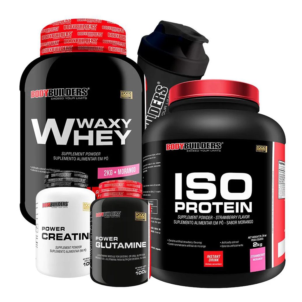 Kit Waxy Whey 2kg + Iso Protein 2kg+ Power Creatina 100g + Power Glutamina 100g + Coqueteleira Sabor: Morango - Bodybuilders