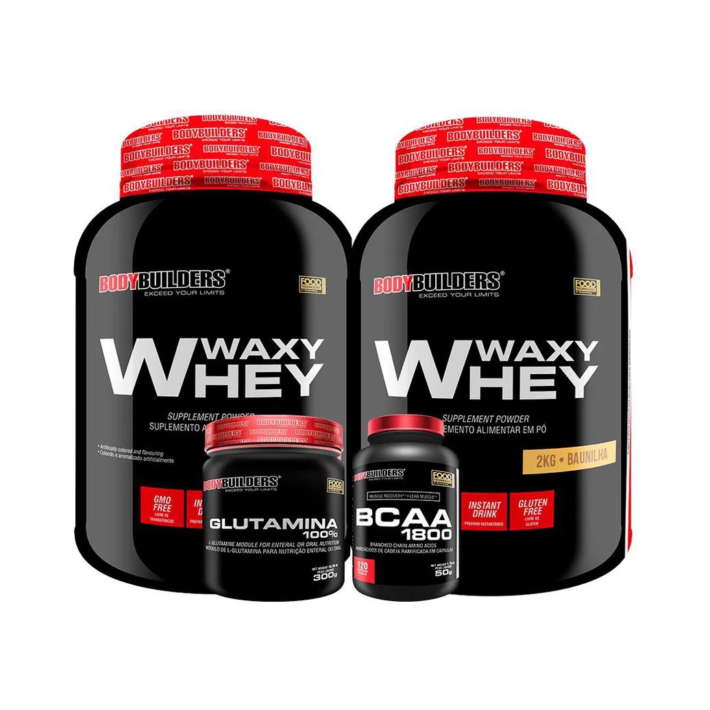 Kit 2x Whey Protein Waxy Whey 2kg + Glutamina 300g + Bcaa 1800 120 cápsulas - Bodybuilders Baunilha