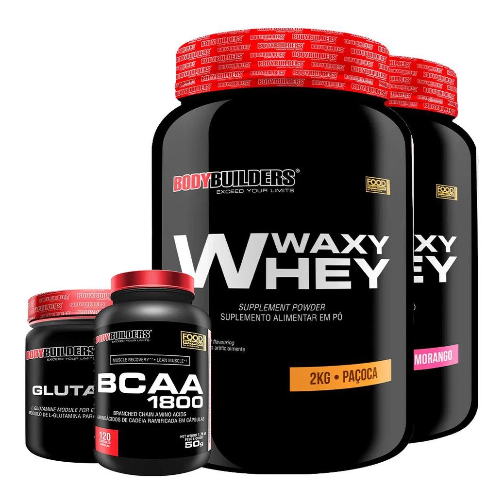 Kit 2x Whey Protein Waxy Whey 2kg + Glutamina 300g + Bcaa 1800 120 cápsulas - Bodybuilders Morango e Paçoca