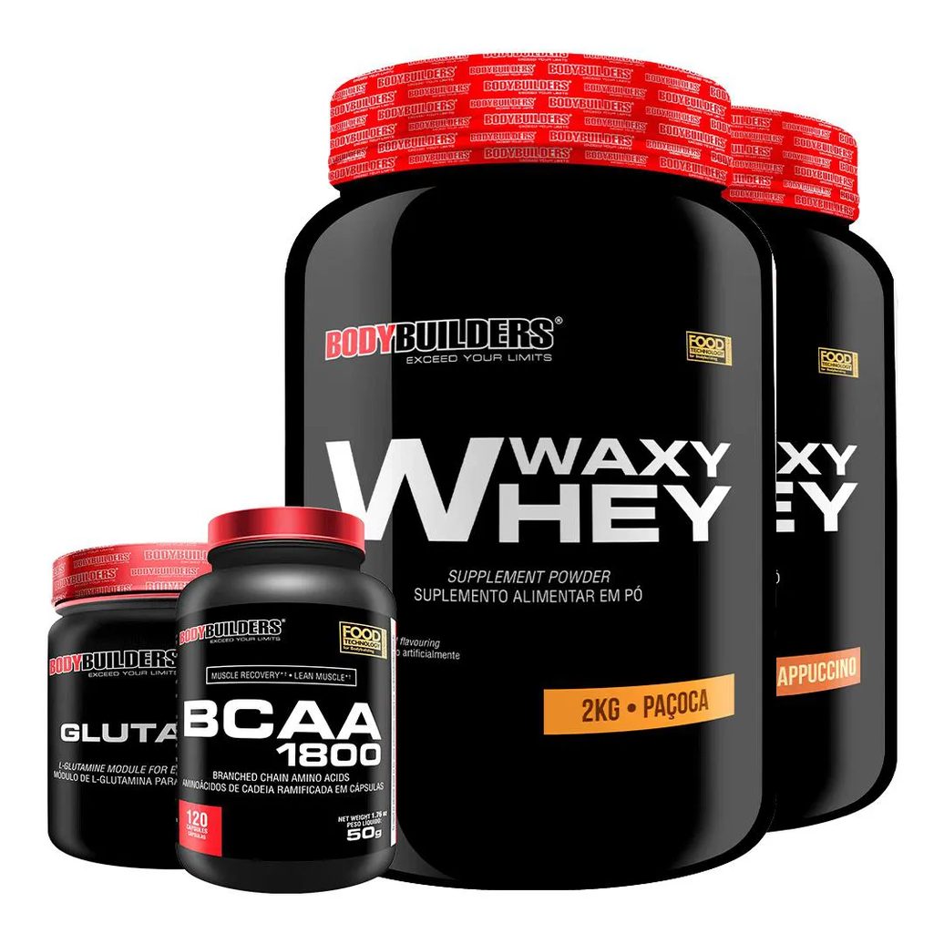 Kit 2x Whey Protein Waxy Whey 2kg + Glutamina 300g + Bcaa 1800 120 cápsulas - Bodybuilders Cappuccino e Paçoca