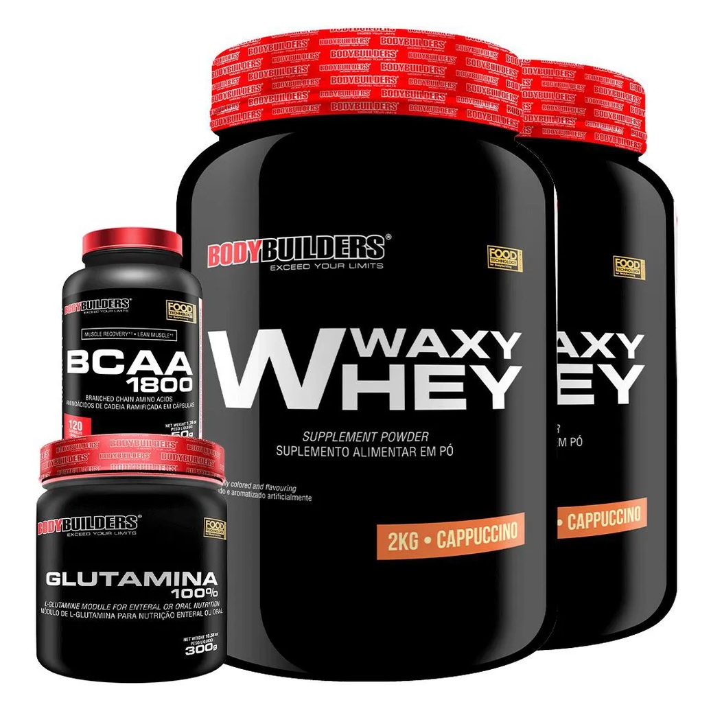 Kit 2x Whey Protein Waxy Whey 2kg + Glutamina 300g + Bcaa 1800 120 cápsulas - Bodybuilders Cappuccino