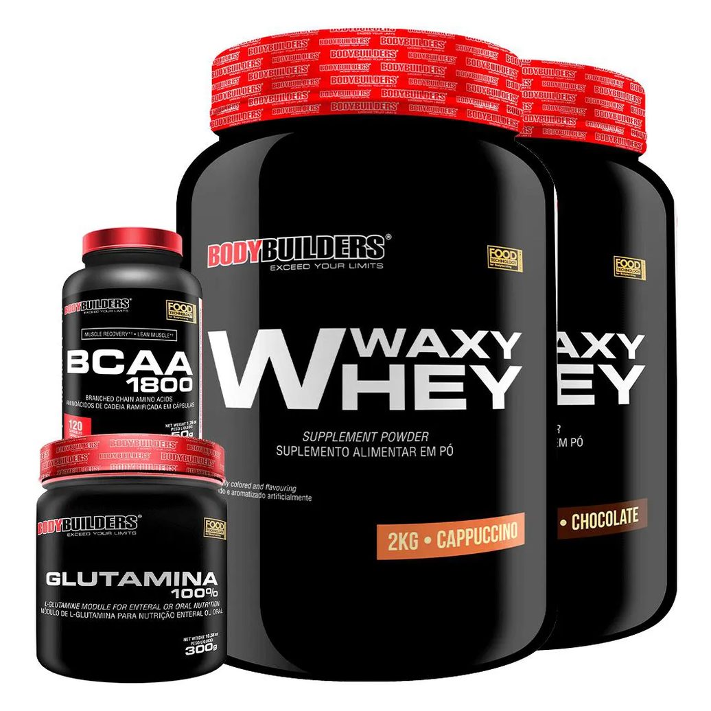 Kit 2x Whey Protein Waxy Whey 2kg + Glutamina 300g + Bcaa 1800 120 cápsulas - Bodybuilders Chocolate e Cappuccino