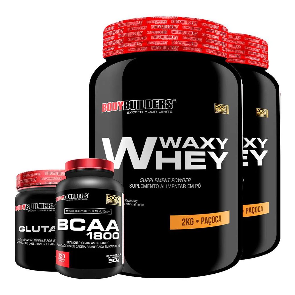 Kit 2x Whey Protein Waxy Whey 2kg + Glutamina 300g + Bcaa 1800 120 cápsulas - Bodybuilders Paçoca