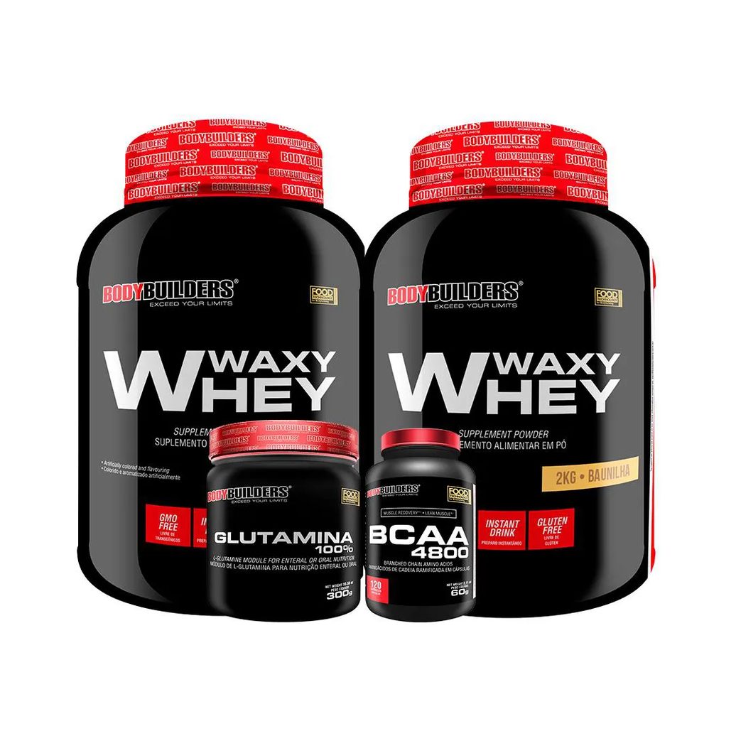 Kit 2x Whey Protein Waxy Whey 2kg + Glutamina 300g + Bcaa 4800 120 cápsulas - Bodybuilders Baunilha