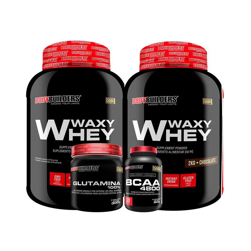 Kit 2x Whey Protein Waxy Whey 2kg + Glutamina 300g + Bcaa 4800 120 cápsulas - Bodybuilders Chocolate