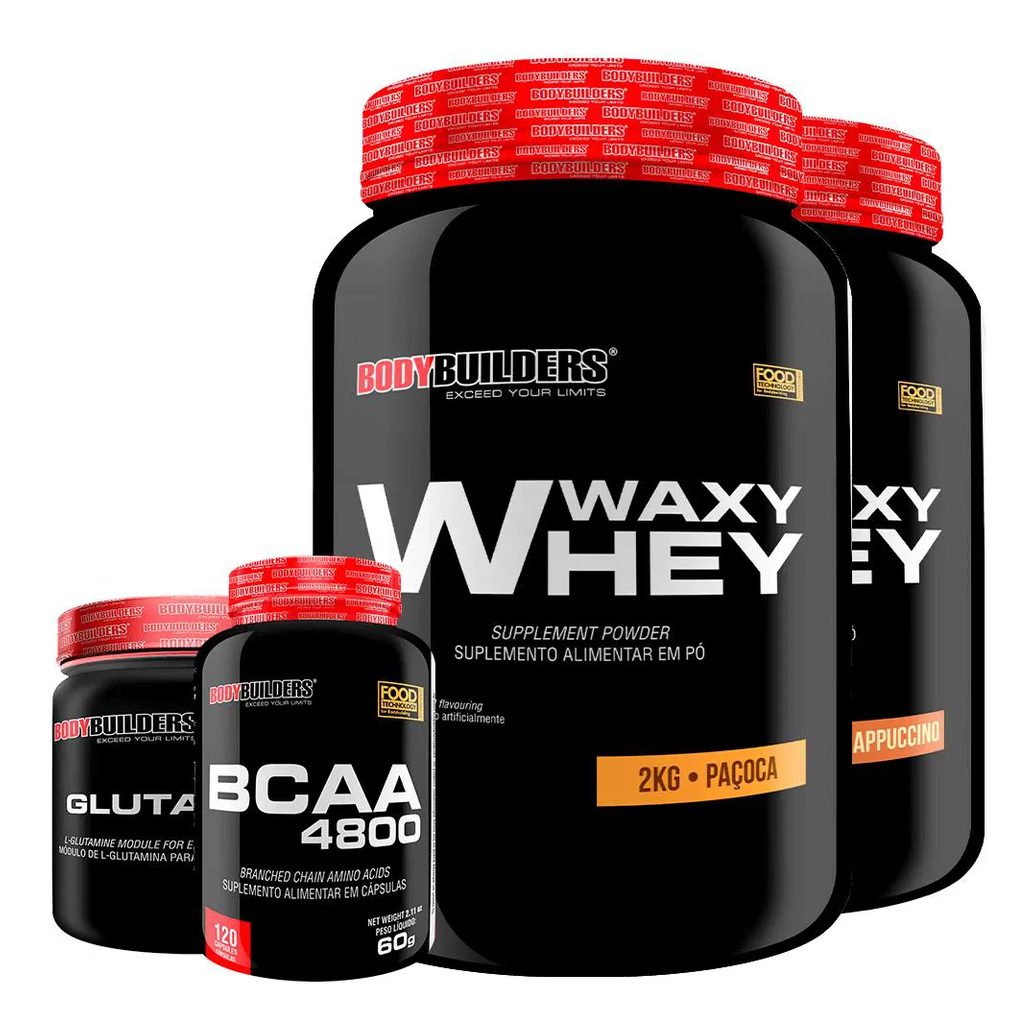 Kit 2x Whey Protein Waxy Whey 2kg + Glutamina 300g + Bcaa 4800 120 cápsulas - Bodybuilders Cappuccino e Paçoca