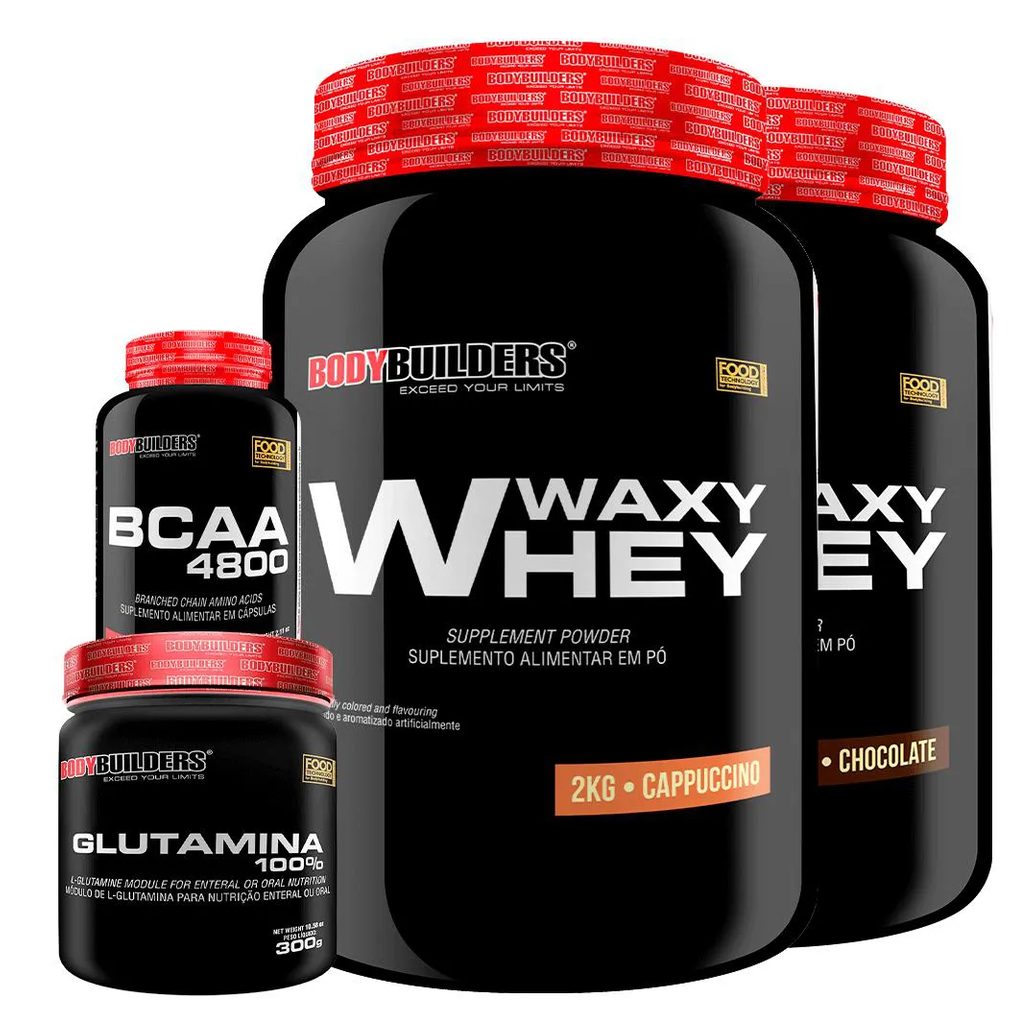 Kit 2x Whey Protein Waxy Whey 2kg + Glutamina 300g + Bcaa 4800 120 cápsulas - Bodybuilders Cappuccino e Chocolate