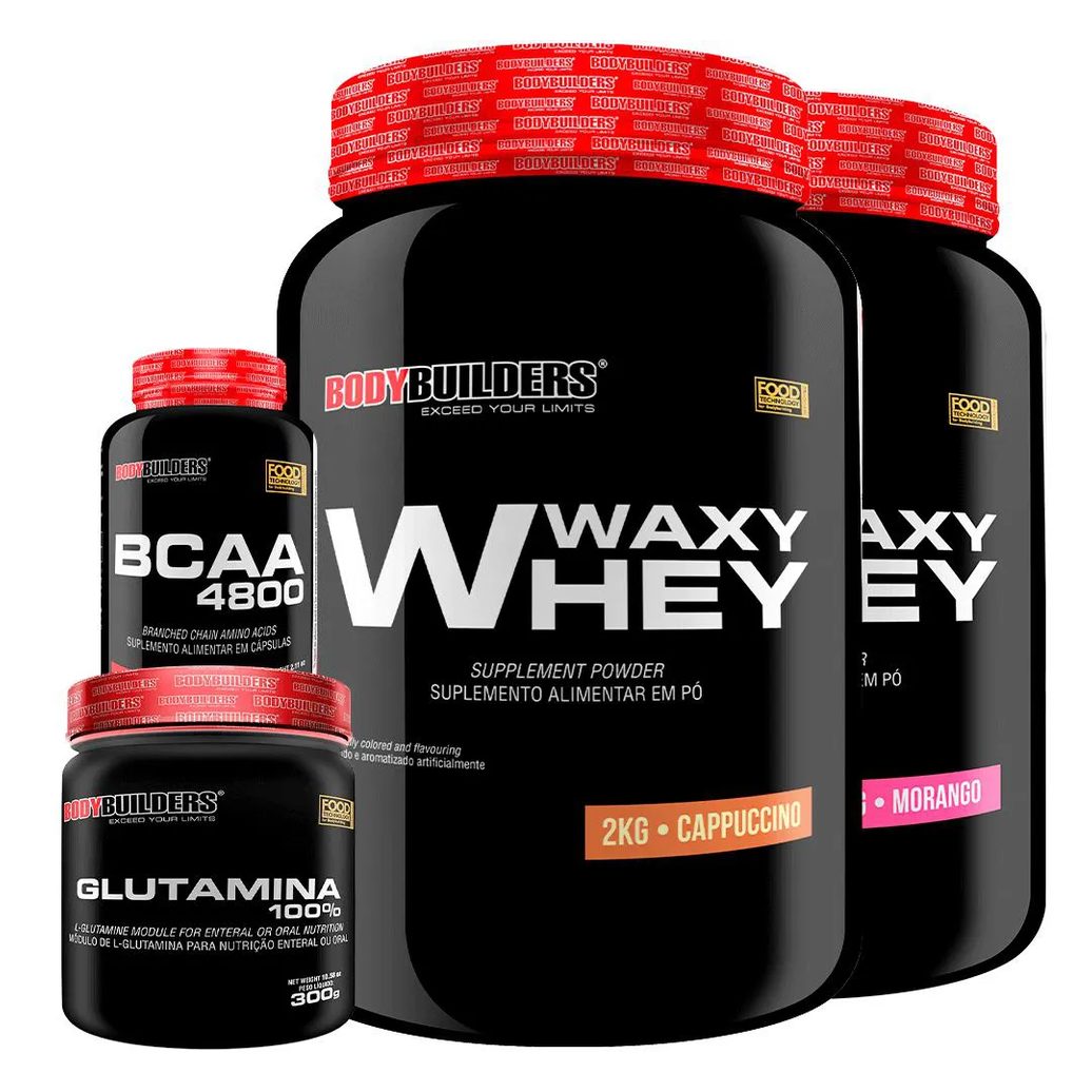 Kit 2x Whey Protein Waxy Whey 2kg + Glutamina 300g + Bcaa 4800 120 cápsulas - Bodybuilders Cappuccino e Morango