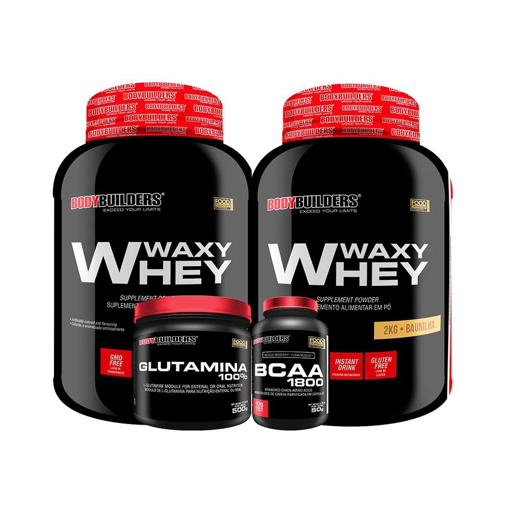Kit 2x Whey Protein Waxy Whey 2kg + Glutamina 500g + Bcaa 1800 120 cápsulas - Bodybuilders Baunilha