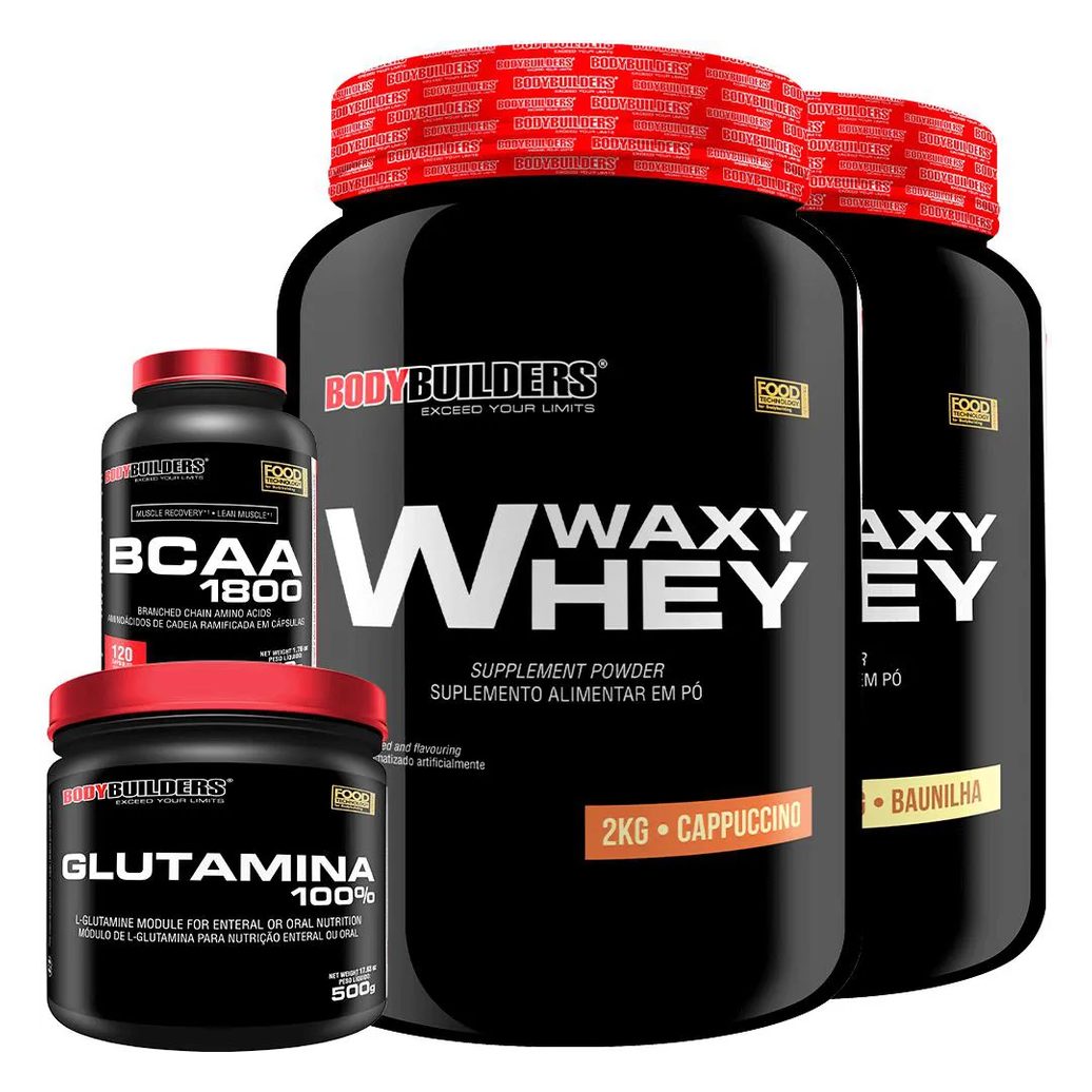 Kit 2x Whey Protein Waxy Whey 2kg + Glutamina 500g + Bcaa 1800 120 cápsulas - Bodybuilders Cappuccino e Baunilha