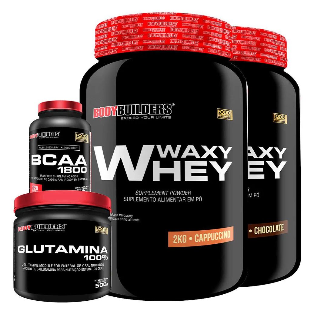 Kit 2x Whey Protein Waxy Whey 2kg + Glutamina 500g + Bcaa 1800 120 cápsulas - Bodybuilders Cappuccino e Chocolate