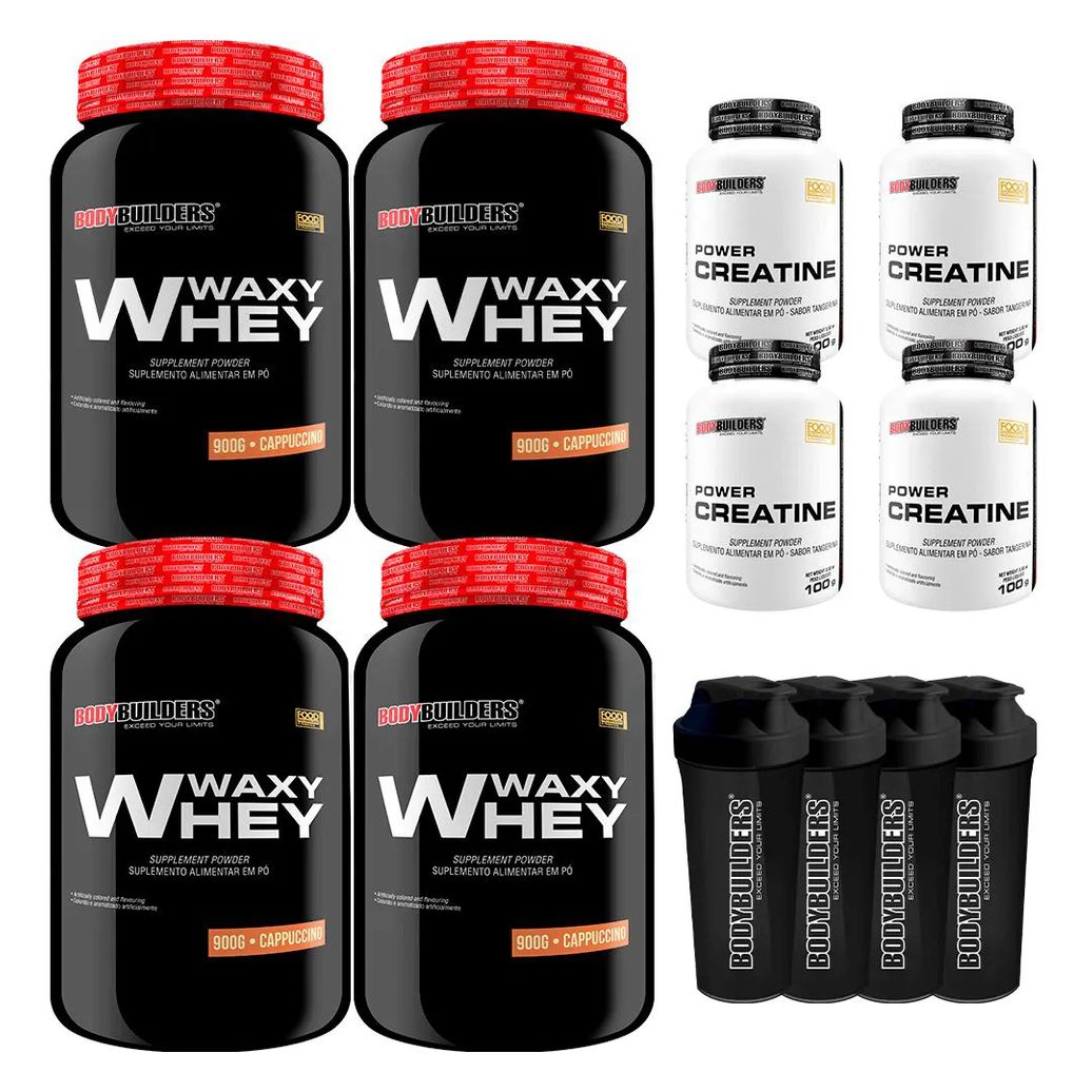 Kit 4x Whey Protein Waxy Whey 900g + 4x Power Creatina 100g + 4x Coqueteleira - Bodybuilders Cappuccino