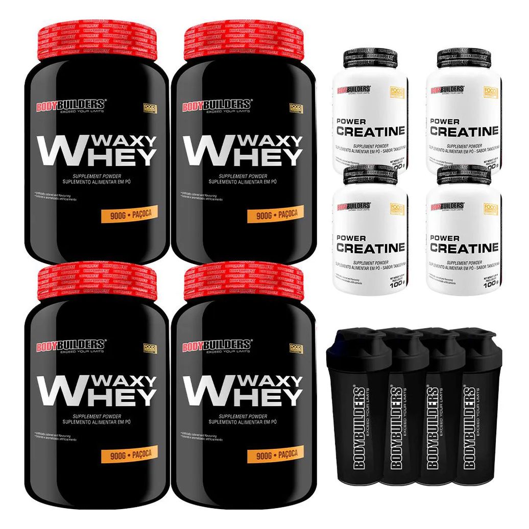 Kit 4x Whey Protein Waxy Whey 900g + 4x Power Creatina 100g + 4x Coqueteleira - Bodybuilders Paçoca