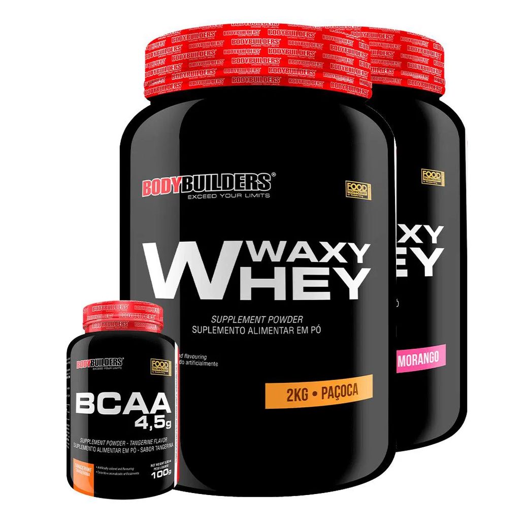 Kit 2x Waxy Whey 2kg + Bcaa 1kg Tangerina - Bodybuilders Morango e Paçoca