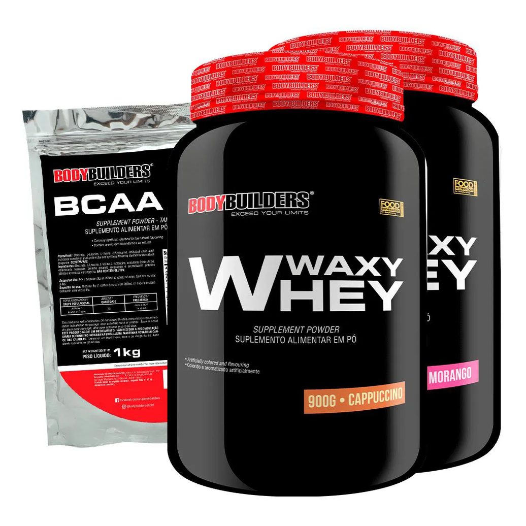 Kit 2x Waxy Whey 2kg + Bcaa 1kg Tangerina - Bodybuilders Morango e Cappuccino