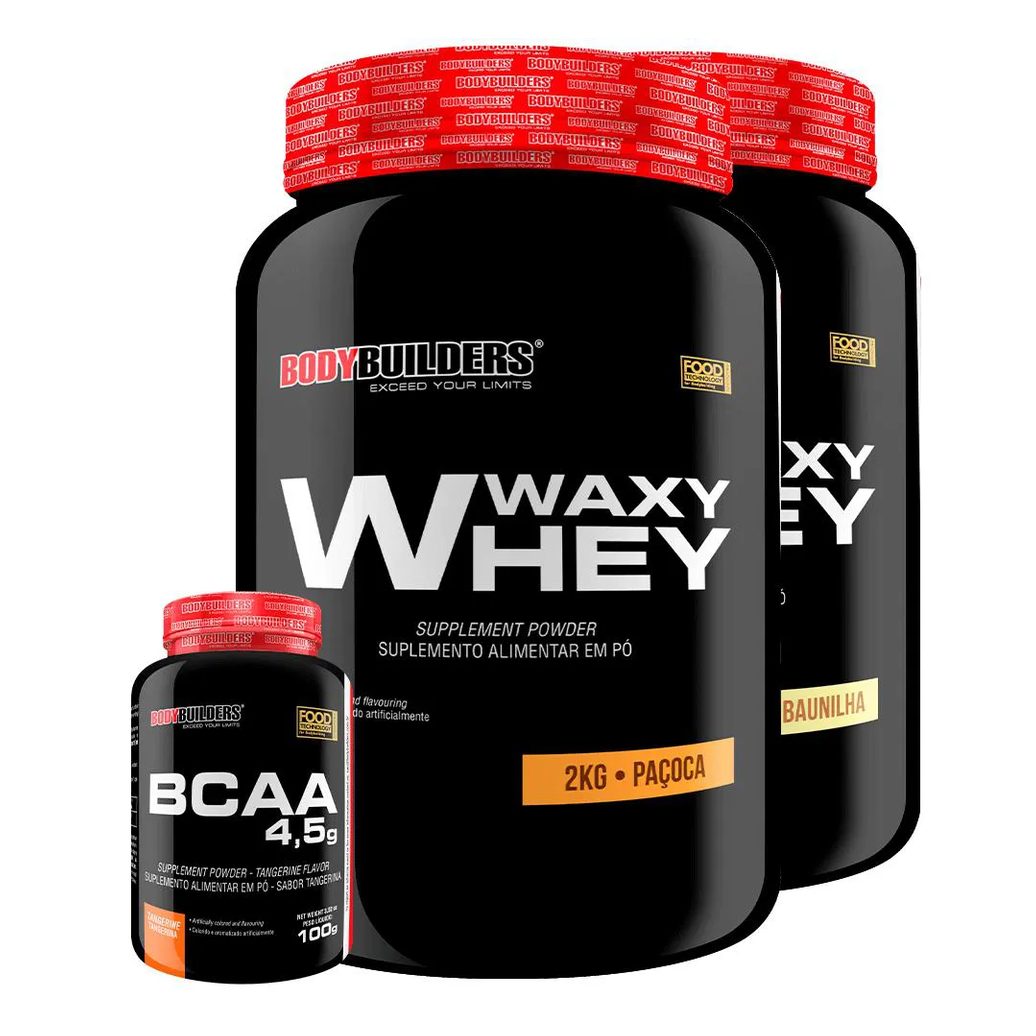 Kit 2x Waxy Whey 2kg + Bcaa 1kg Tangerina - Bodybuilders Baunilha e Paçoca