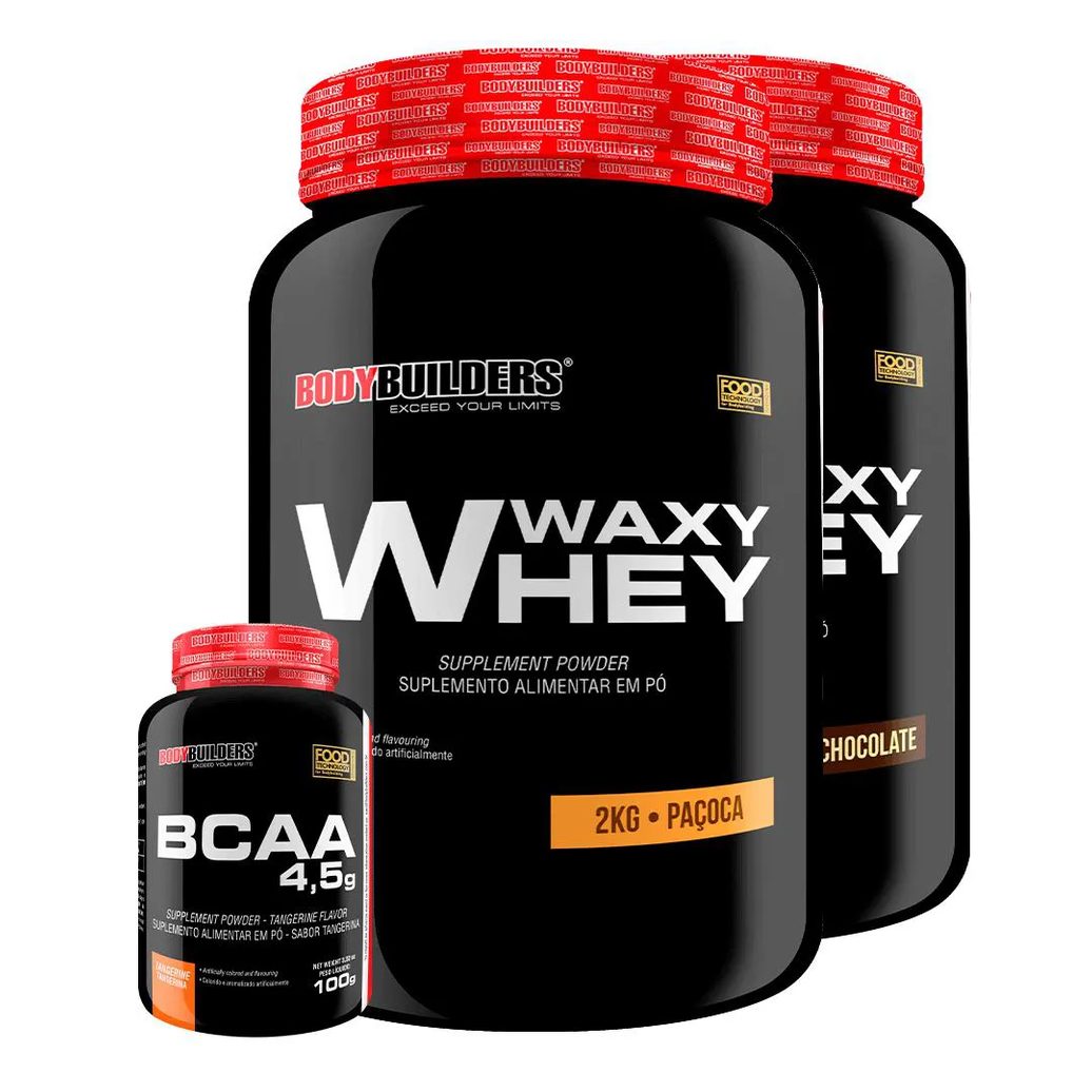 Kit 2x Waxy Whey 2kg + Bcaa 1kg Tangerina - Bodybuilders Chocolate e Paçoca