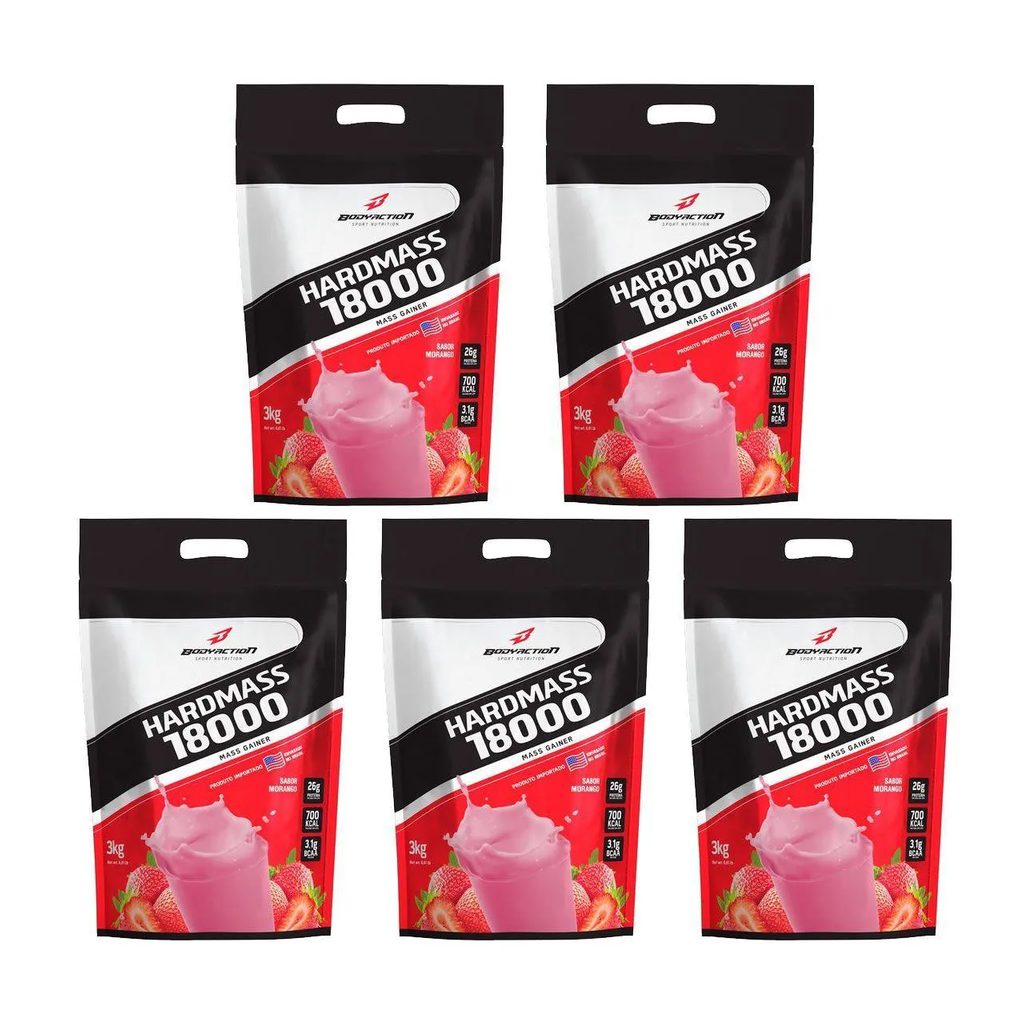Kit Suplemento Body Action Hard Mass 18000 Morango 3000g 5 unidades