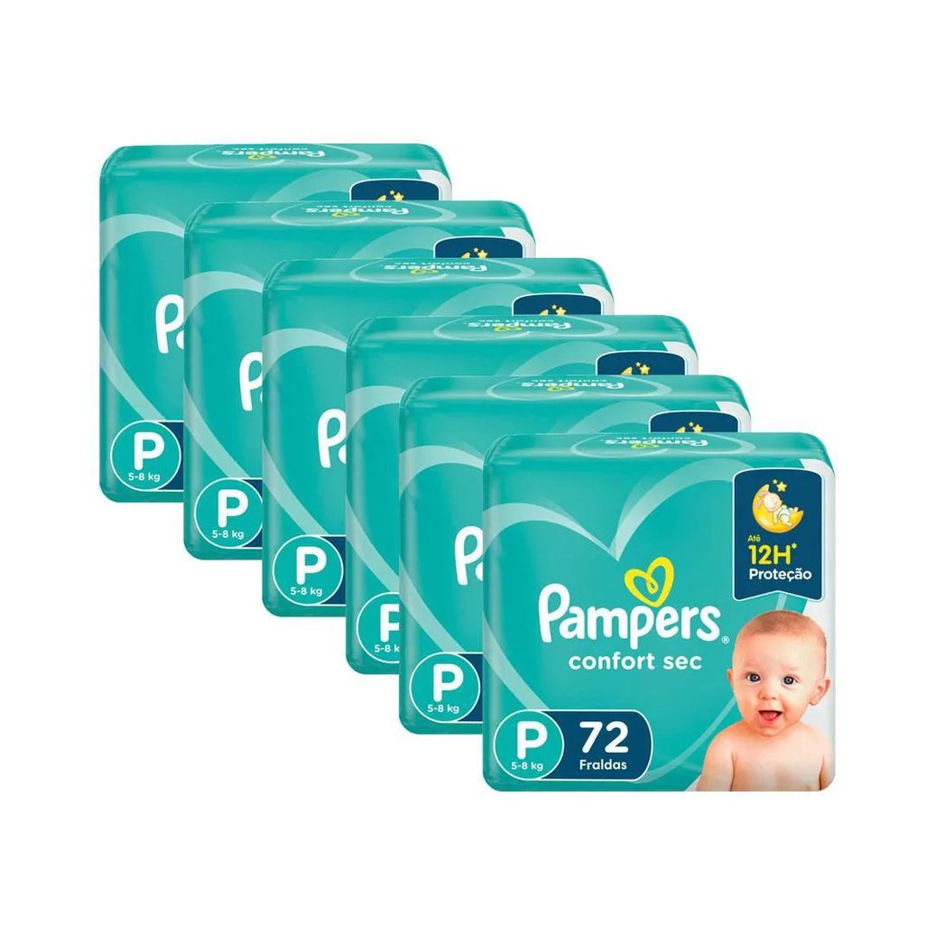 Kit 6 Fraldas Pampers Confort Sec Super Tamanho P 72 Unidades