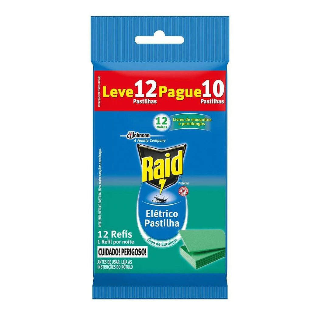 Repelente Elétrico Raid Pastilha 12 Noites Óleo de Eucalipto Leve 12 Pague 10 unidades Refil