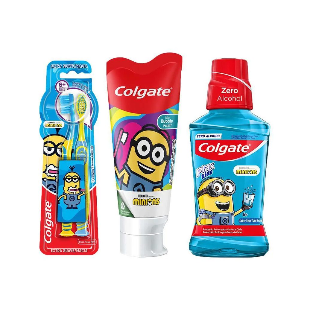 Kit Infantil Colgate Minions Gel Dental Smiles Bubble Fruit 100g + Enxaguante Bucal Tutti Frutti 250ml + Escova de Dente 2 unidades