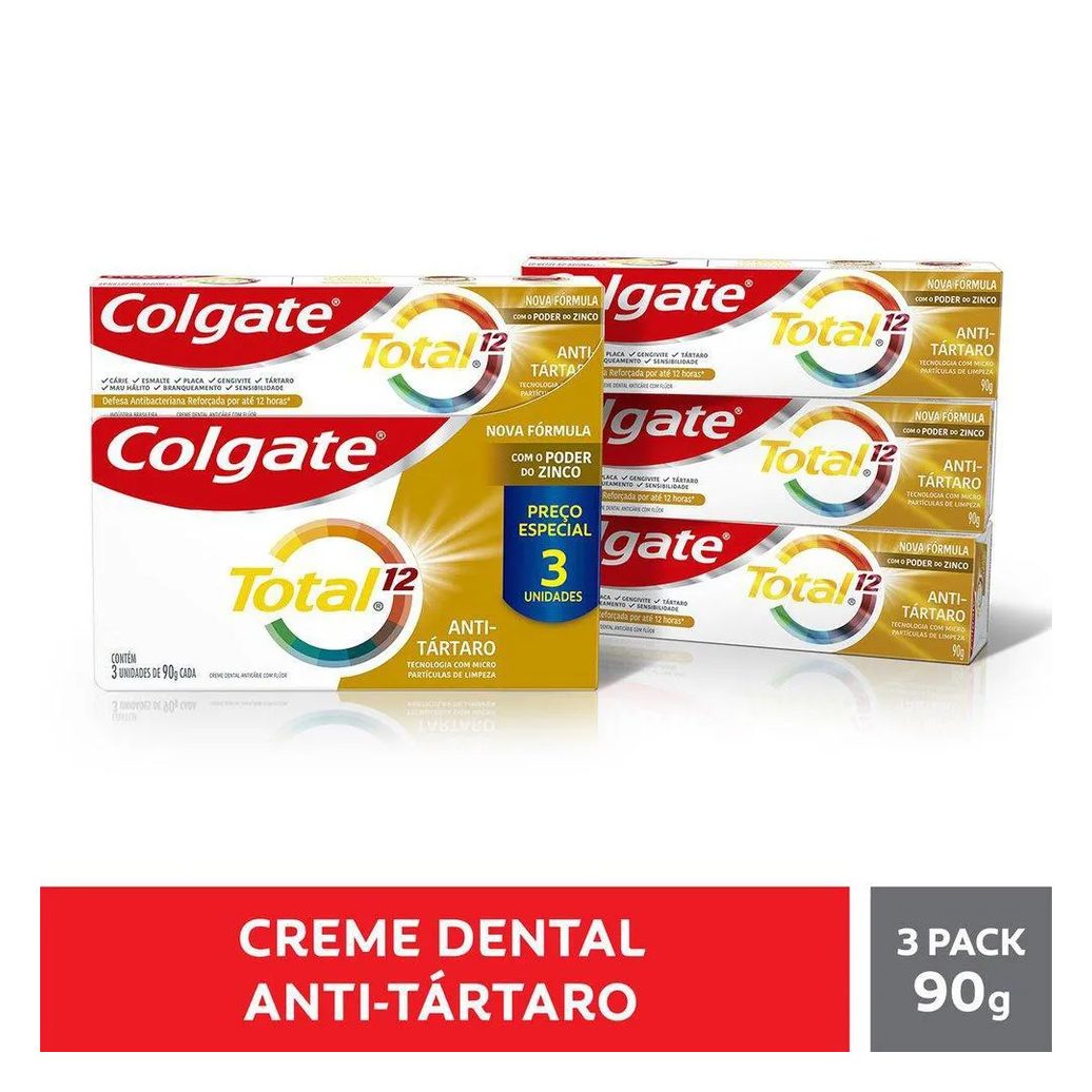 Kit 3 Pastas de Dente Colgate Total 12 Antitártaro 90g