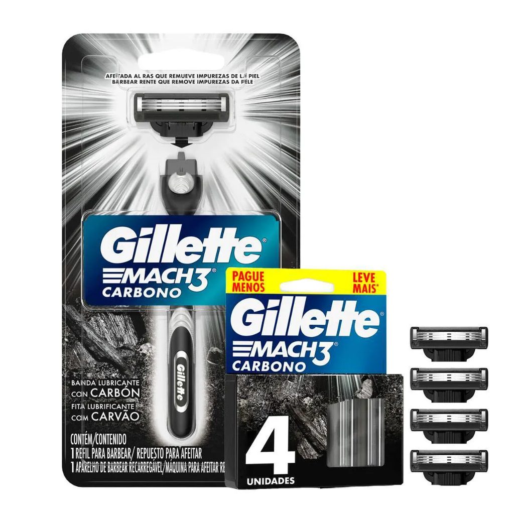 Kit Aparelho de Barbear Gillete Mach3 Carbono + Carga Gillete Mach3 Carbono 4 unidades