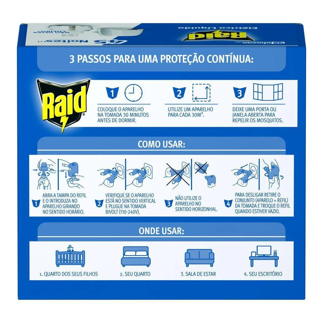 Repelente Elétrico Líquido Raid Anti Mosquitos 1 Aparelho + 1 Refil de 32,9 ml