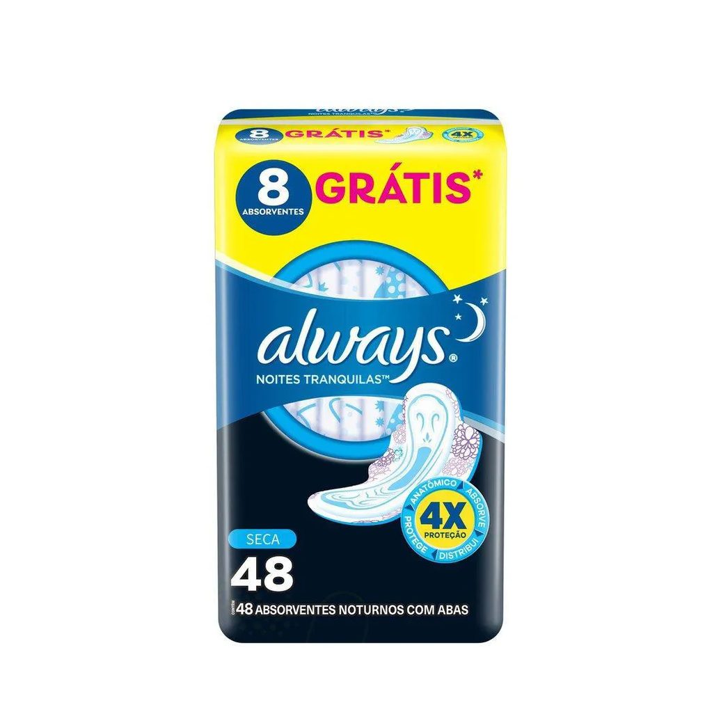 Absorvente Noturno Always Noites Tranquilas Cobertura Seca com Abas Leve 48 Pague 40