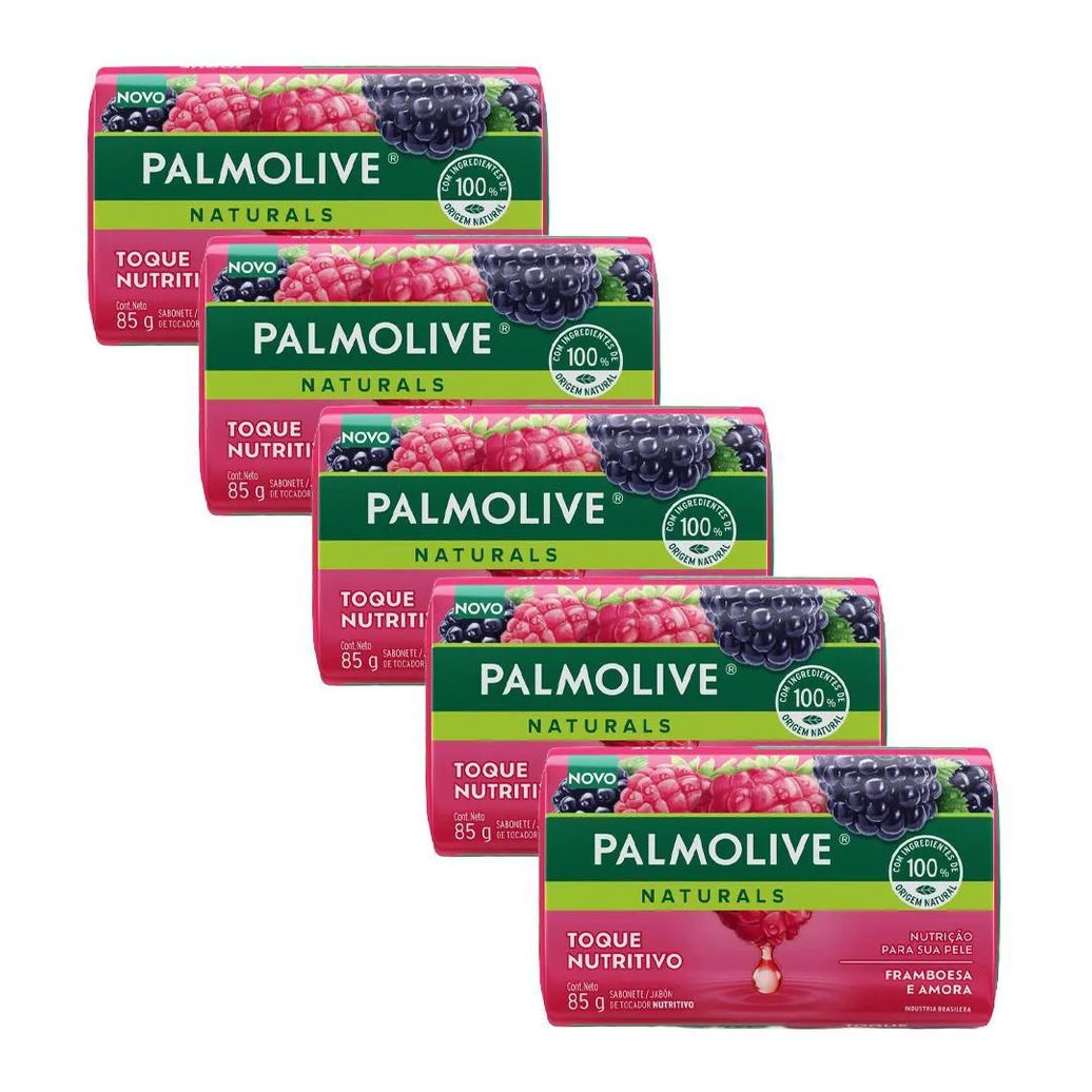 Kit 5 Sabonetes em Barra Palmolive Naturals Toque Nutritivo Framboesa e Amora 85g