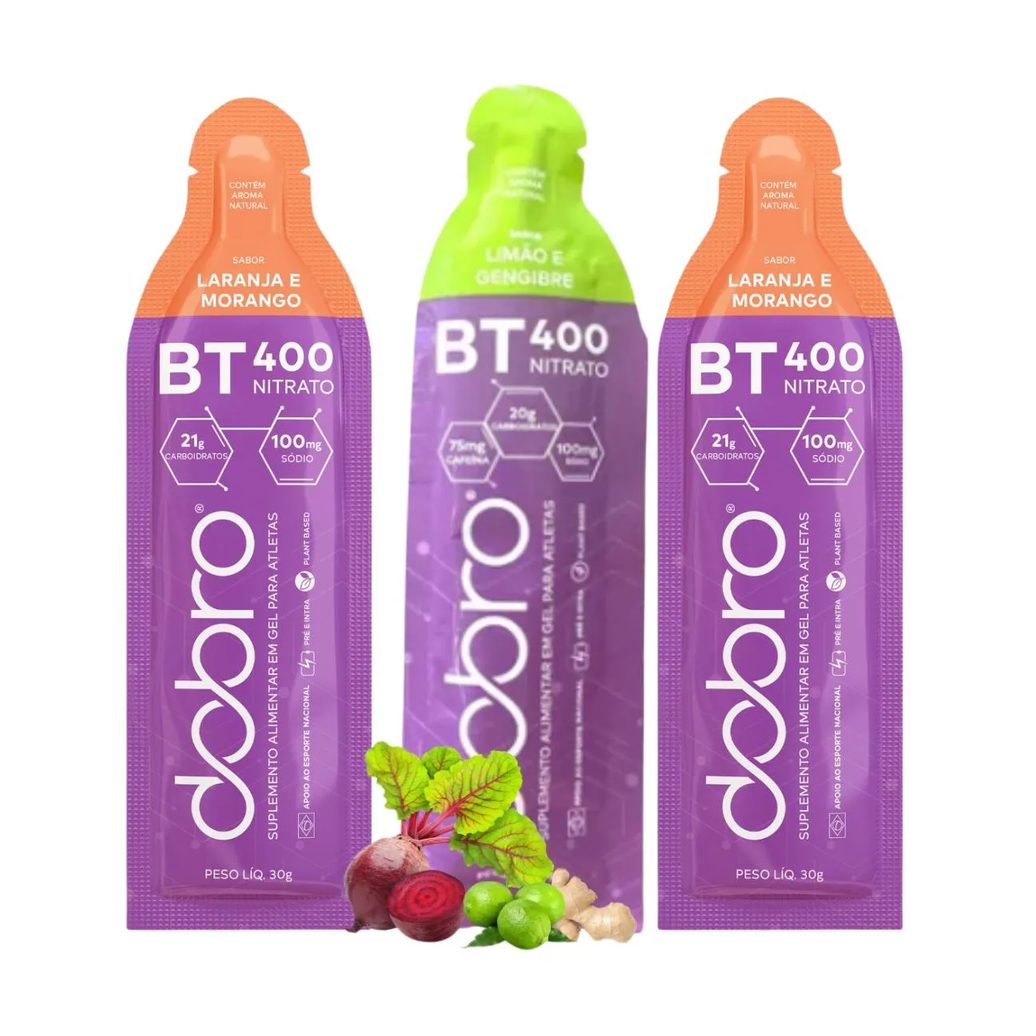 Bt Nitrato 400 Gel 3 Sachês Carboidrato Beterraba Dobro Todos Sabores 2 Laranja +1 Limão