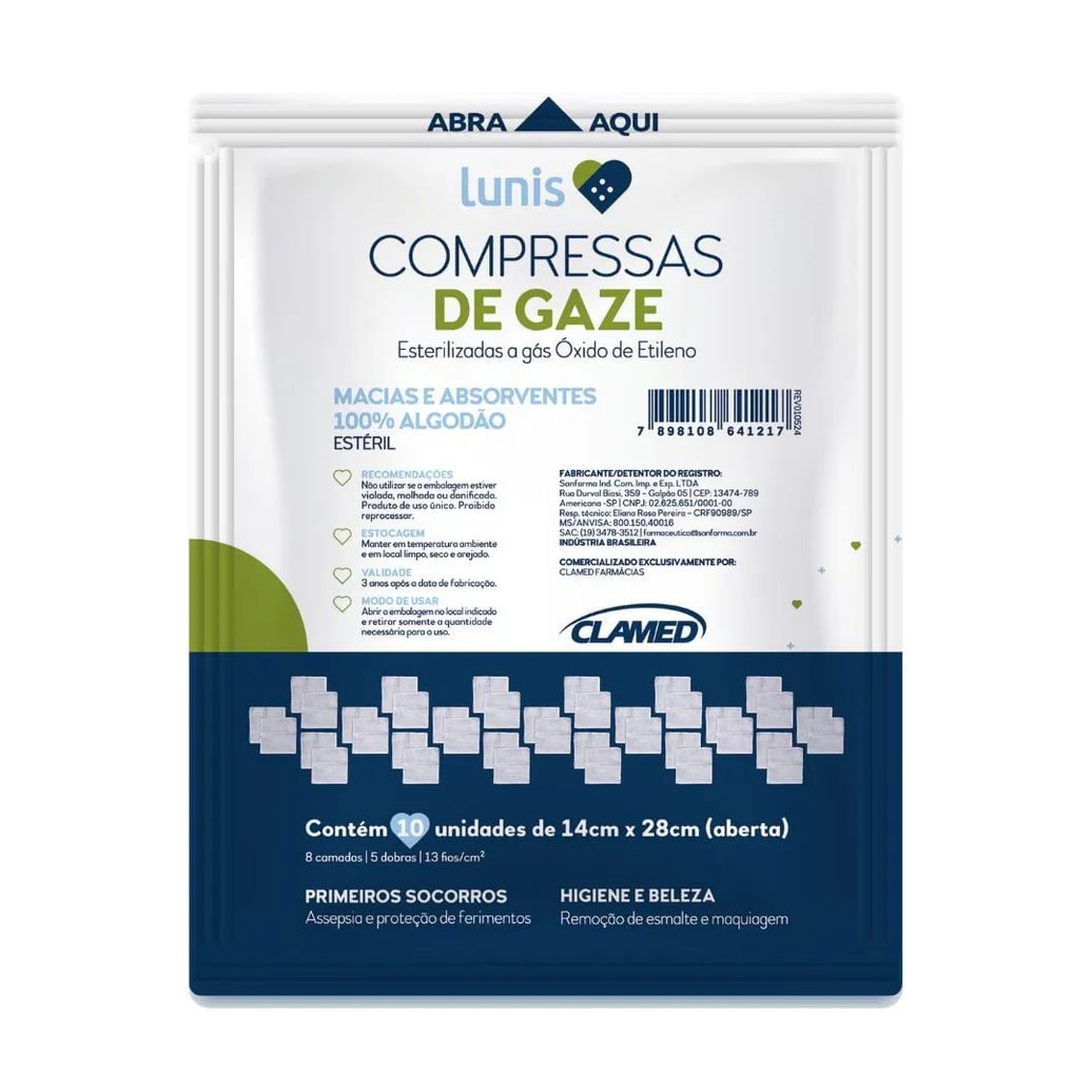 Compressa De Gaze Macia E Absorvente Lunis 10 Unidades