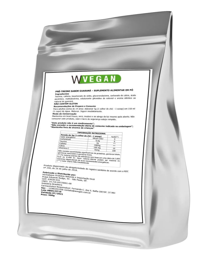 Pre Treino Vegan com Cafeina Sabor Guarana Wvegan 500g Vegano