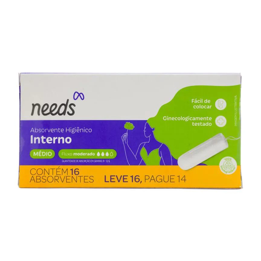 Absorvente Interno Needs Médio Fluxo Moderado 16 Unidades