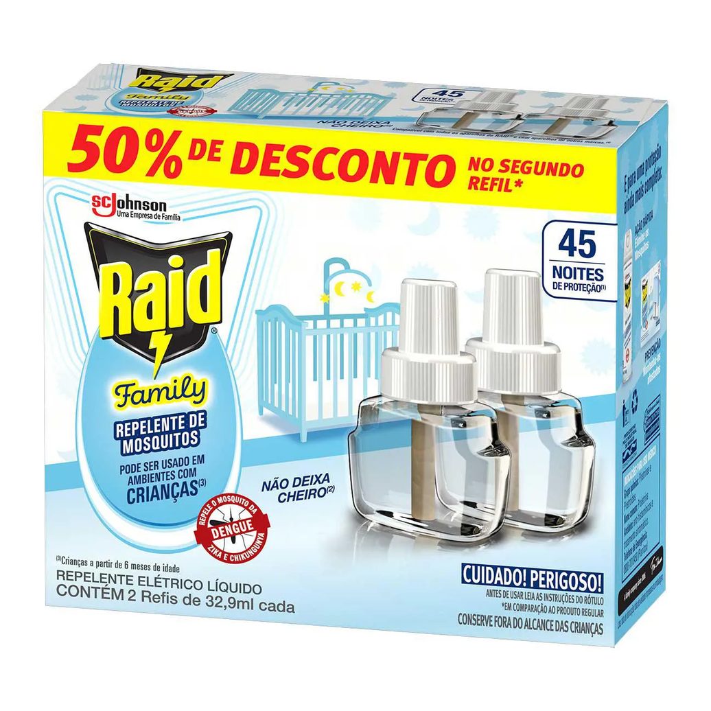 Repelente Líquido Elétrico Raid Family 45 Noites 2 Unidades de 32,9ml cada