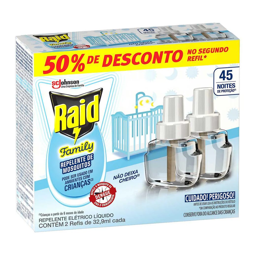 Repelente Líquido Elétrico Raid Family 45 Noites 2 Unidades de 32,9ml cada
