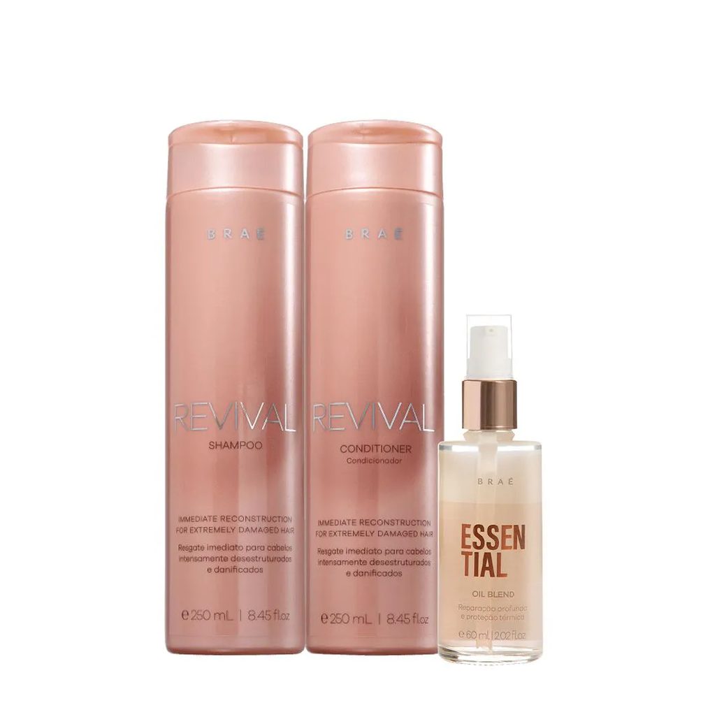Kit Braé Revival Shampoo Condicionador e Essential Oil Blend (3 Produtos)