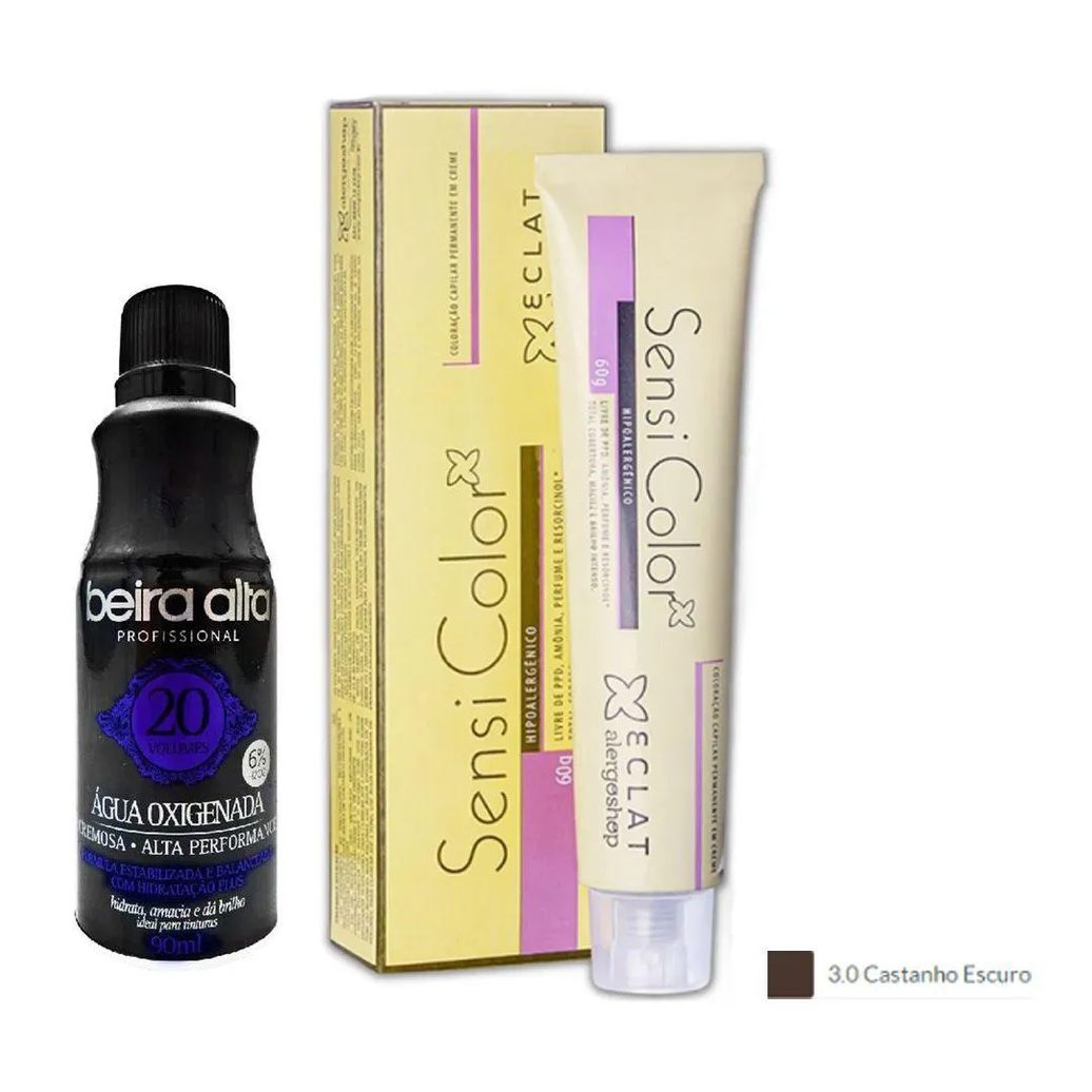 Tintura Hipoalergênica Alergoshop Cor 3.0 Castanho Escuro 60g + Água Oxigenada Vol. 20